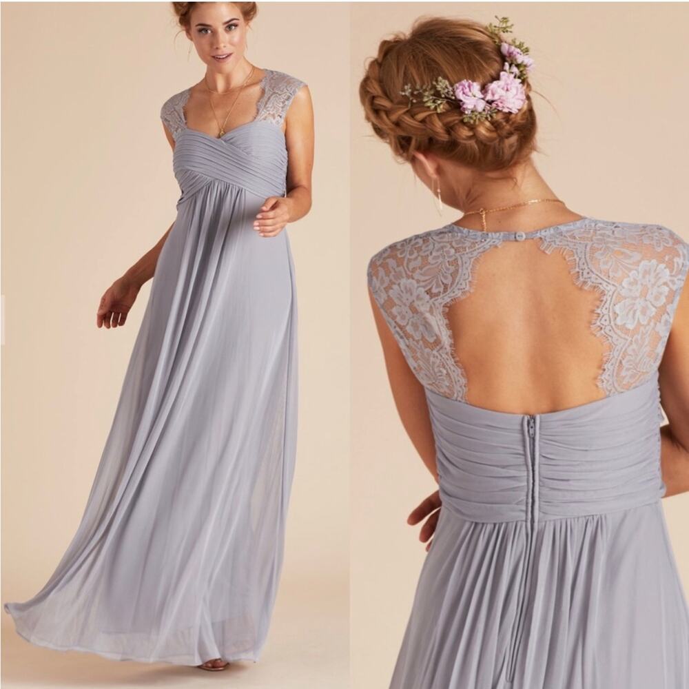 Birdy Grey Mary Dress Empire Waist Lace Pleated Long Bridesmaids Gown, Silver, M